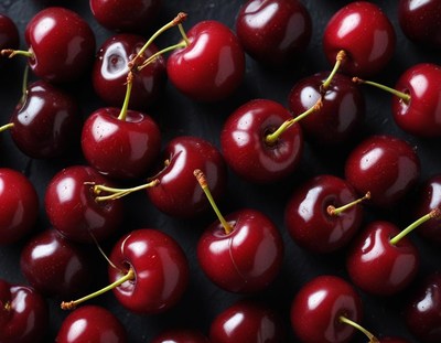 Fresh cherries arranged on a dark surface for display