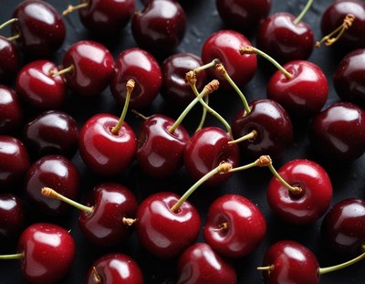 Fresh cherries displayed on a dark surface