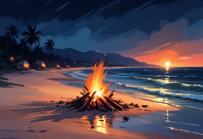 Relaxing beach bonfire at sunset on a tropical shore