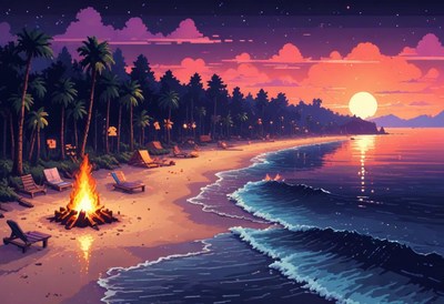 Campfire on a beach during sunset in a tropical paradise