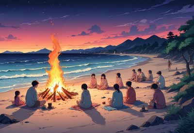 Group gathers around campfire on beach at sunset