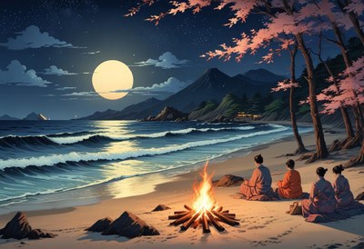 Moonlit beach with friends gathered around a fire