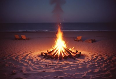 Cozy beach bonfire under the starry night sky