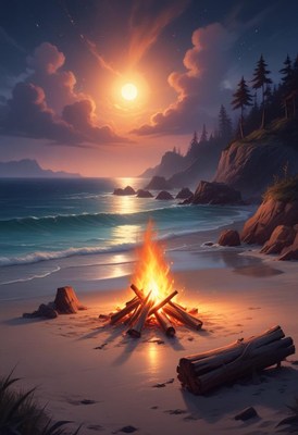 Campfire on the beach under a full moonlight sky