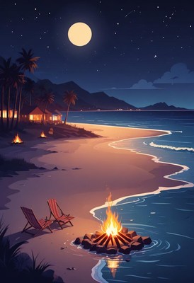 Cozy beach bonfire under a full moon at night
