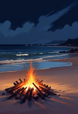Campfire warmth at the beach under a night sky