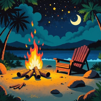 Campfire evening under a starry sky by the beach