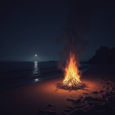 Campfire glowing on the beach under a moonlit sky