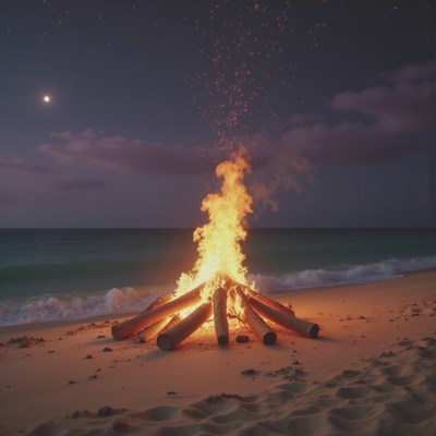 Campfire on the beach at night under a clear sky