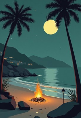 Campfire on a beach under a full moon in the evening