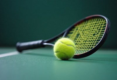 Tennis racket and ball on green court ready for play