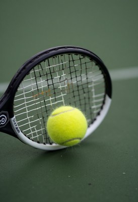 Tennis ball resting on racket strings during a game