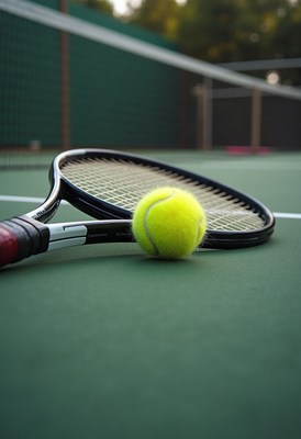 Tennis racket and ball on a court with green surface