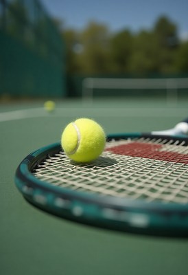 Tennis ball on a racket at a sunny court