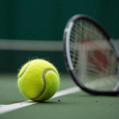 Bright yellow tennis ball and racket on court surface