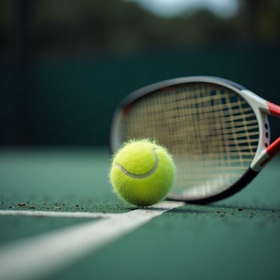Tennis ball and racket on the court during a game