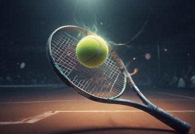 Tennis ball hits racket during intense match action
