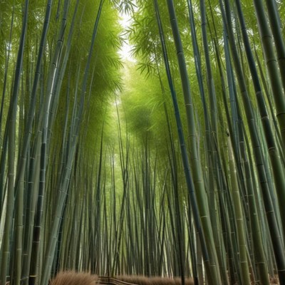 Lush green bamboo forest pathway at midday