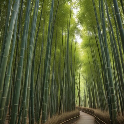 Walking path through a lush bamboo forest in the morning