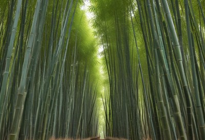 Lush green bamboo forest creates serene pathway