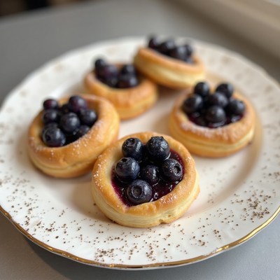 Freshly baked blueberry pastries on a decorative plate