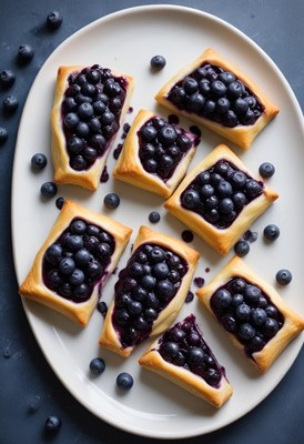 Freshly baked blueberry pastries on a white platter