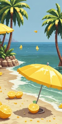 Lemonade beach day with sunny umbrellas and ocean waves