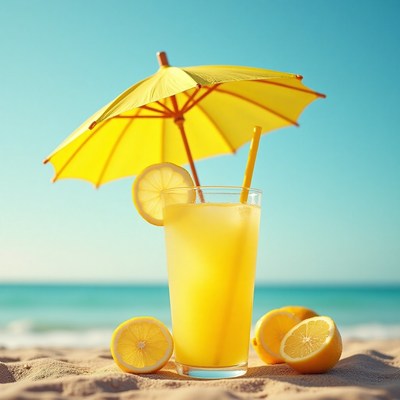 Refreshing lemonade with yellow umbrella on the beach