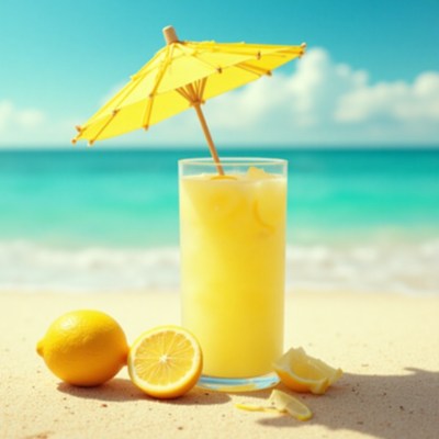 Refreshing lemonade with a sunny beach backdrop