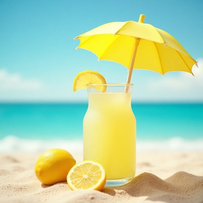 Refreshing lemonade with umbrella on sandy beach