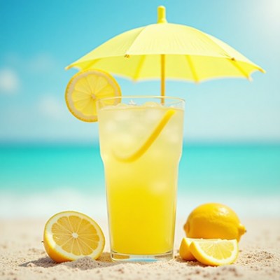 Refreshing summer drink with lemons on the beach