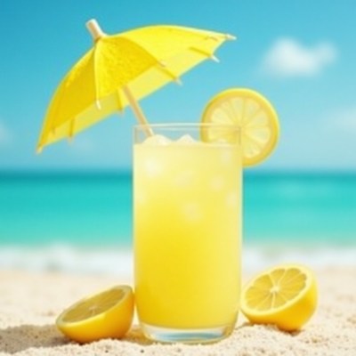 Refreshing lemonade with umbrella on sandy beach