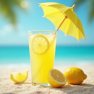 Refreshing yellow lemonade on the beach with bright sunshine