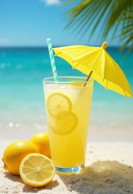 Refreshing lemonade with umbrella on a sunny beach