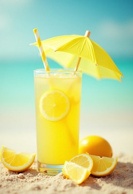 Refreshing lemon drink on a sunny beach getaway