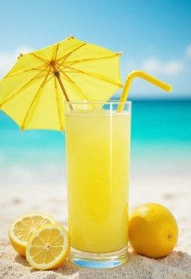 Refreshing lemon drink with umbrella on sandy beach