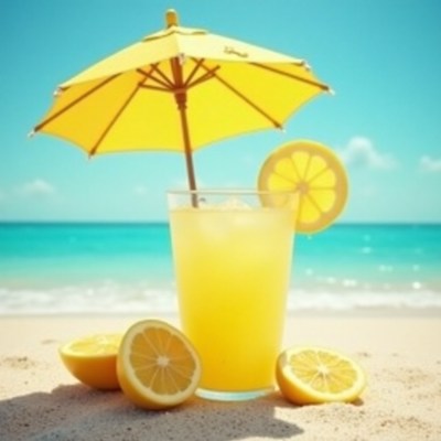 Refreshing lemonade with umbrella on sunny beach