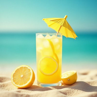 Refreshing drink on the beach with a bright yellow umbrella