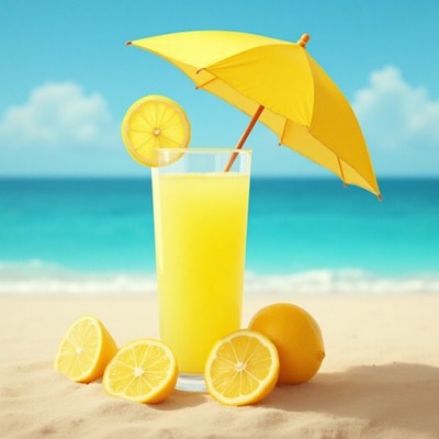 Refreshing lemonade with umbrella on sandy beach