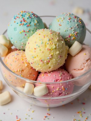 Colorful ice cream scoops in a glass bowl with sprinkles
