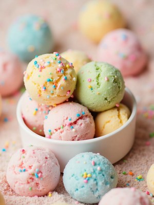 Colorful ice cream scoops with sprinkles in a bowl