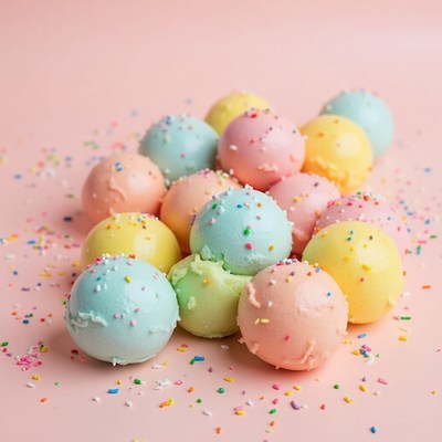Colorful ice cream balls with sprinkles on a pink background