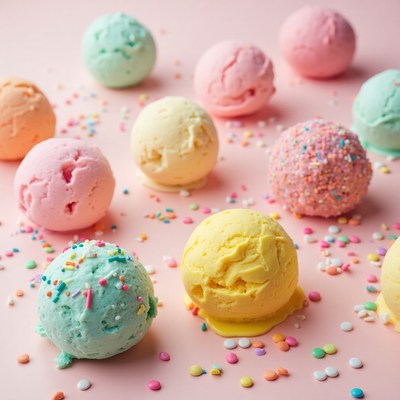 Colorful ice cream scoops arranged on a pink surface