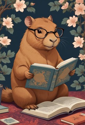 Squirrel reads books in a cozy setting with flowers
