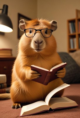 Capybara reading a book in a cozy living room