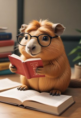 Cute guinea pig reading a book in a cozy setting