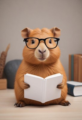 Cute guinea pig reading a book with glasses