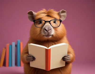 Capybara reading with glasses in a cozy setting