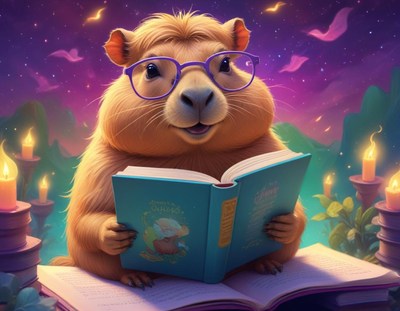 Adorable rodent reads a storybook under candlelight