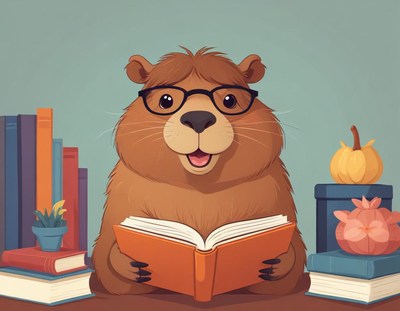 Cute cartoon animal reading in a cozy library setting